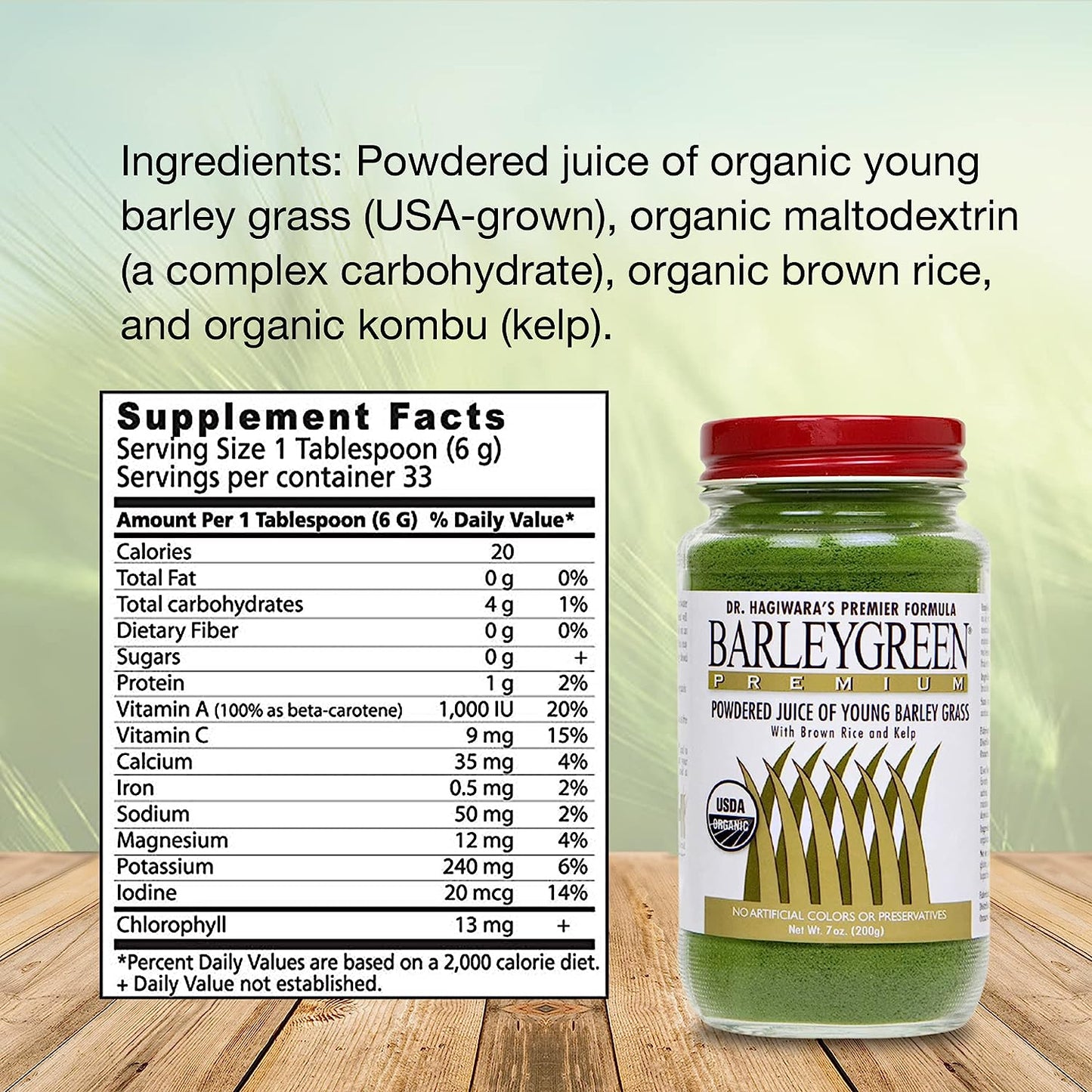 Dr. Hagiwara's BarleyGreen Premium with Kelp - Barley Grass Juice Powder Formula (200 Grams)