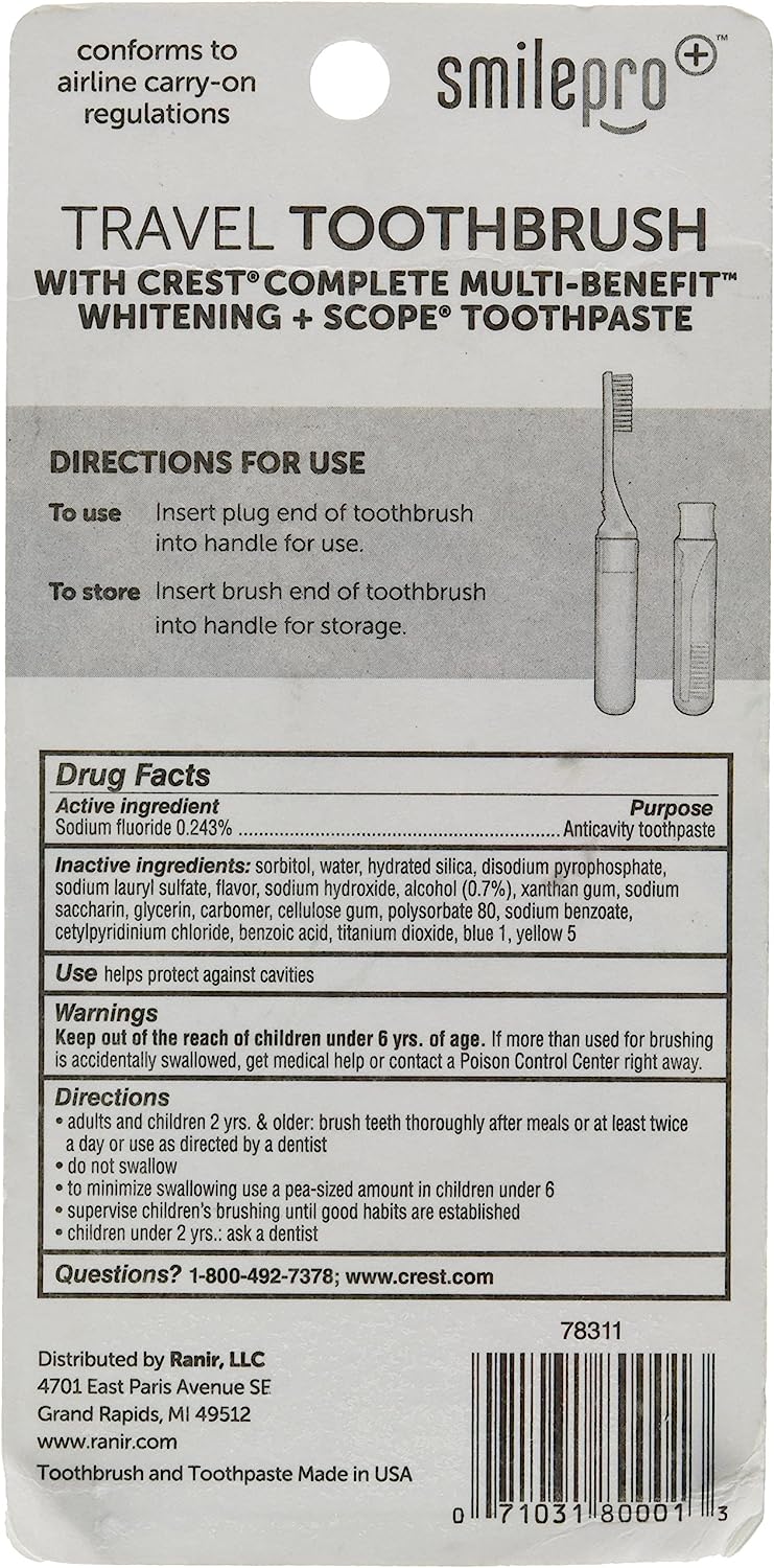 Dental Source Travel Toothbrush and Crest Toothpaste Kit, Assorted, 0.85 Ounce