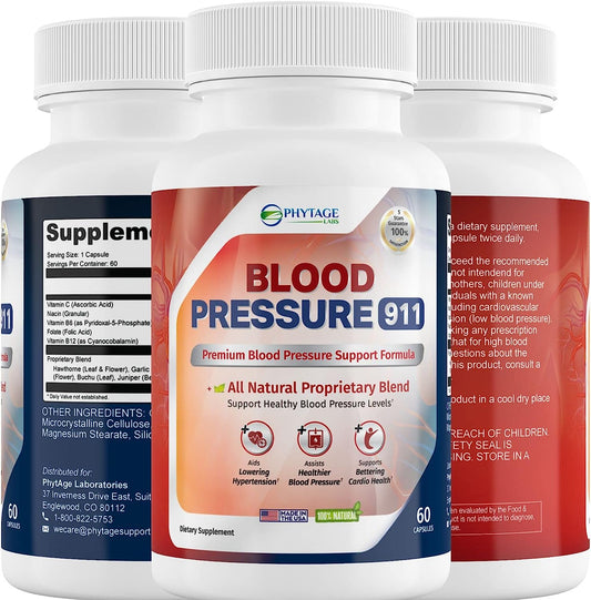 Phytage Labs Blood Pressure 911 Premium Supplement - BP Support Pills for Healthy Heart, Circulatory Health & Cardiovascular Support. 60 Capsules