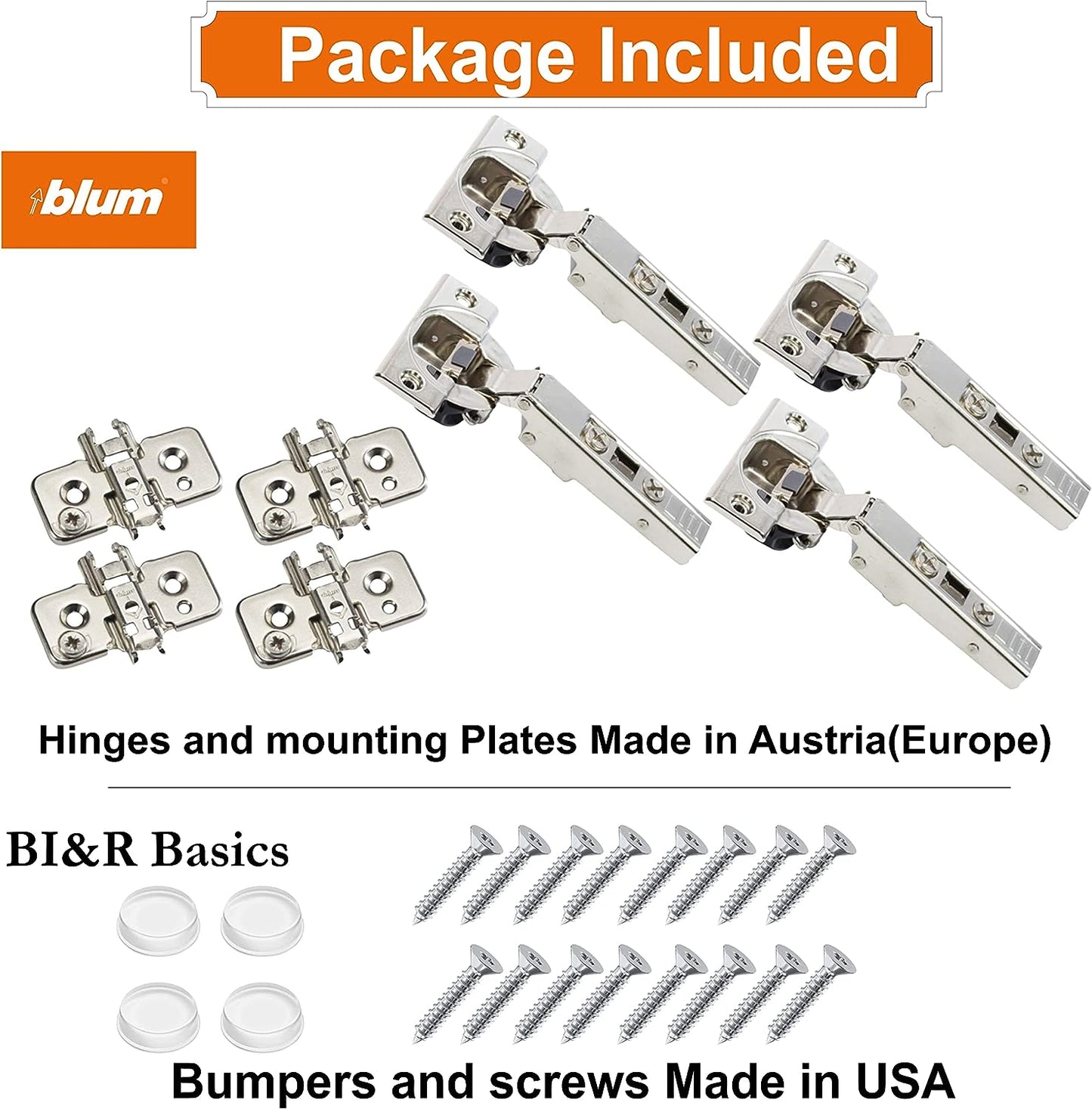 Blum 110 Degree Cliptop 71B3550 Soft Close Hinges - Full Overlay Soft Close Frameless Application kit Includes Screws and Bumpers from BI&R Basics Pack of 4