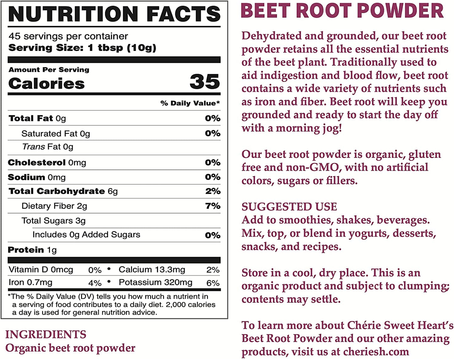 Organic Beet Root Powder (1 LB) by Chérie Sweet Heart, Raw & Non-GMO