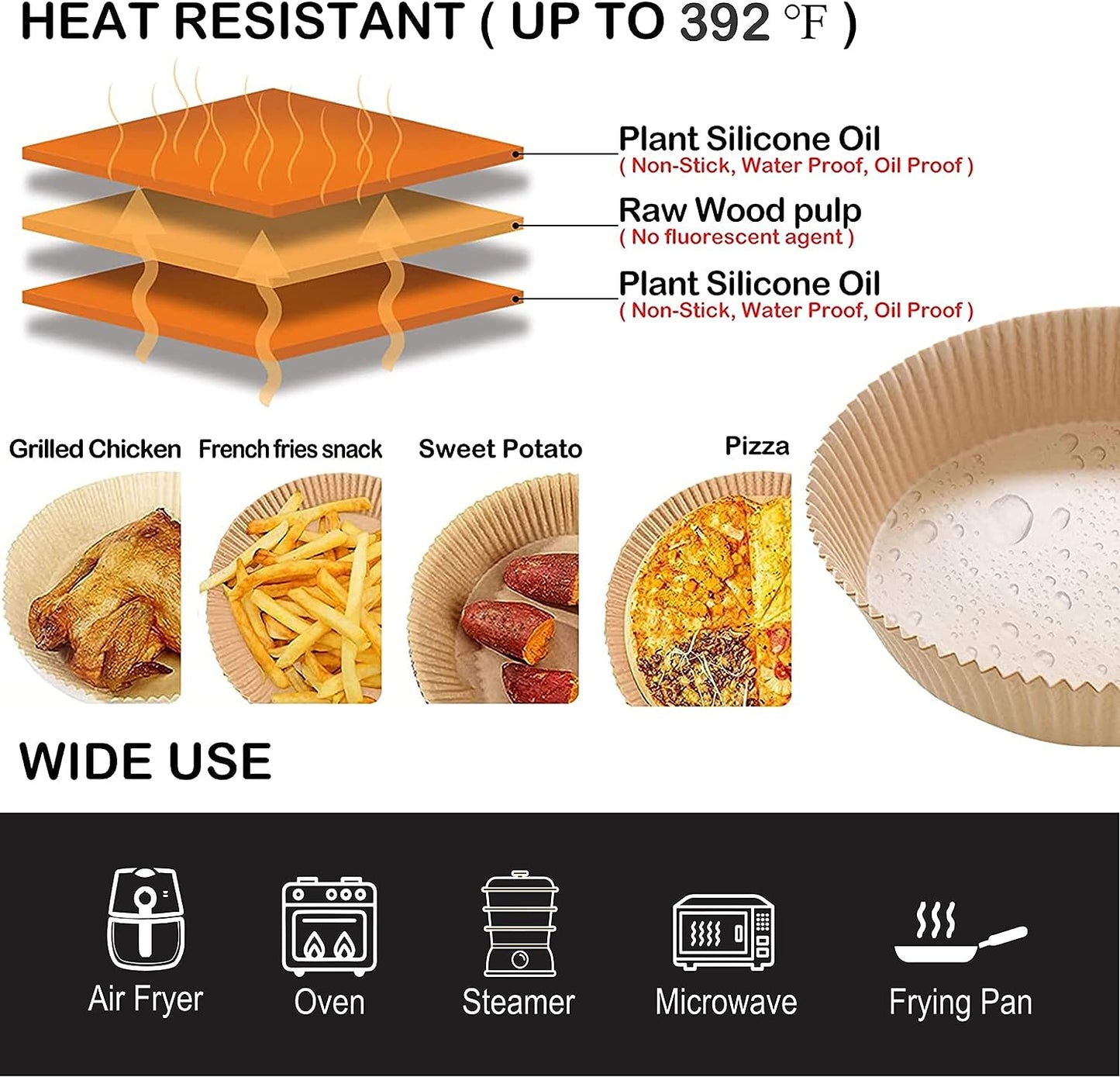 Air Fryer Liners, Non-Stick Disposable Paper Liner, Water-proof, Oil-proof, Food Grade Parchment Paper for Air Fryer