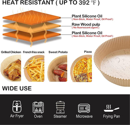 Air Fryer Liners, Non-Stick Disposable Paper Liner, Water-proof, Oil-proof, Food Grade Parchment Paper for Air Fryer