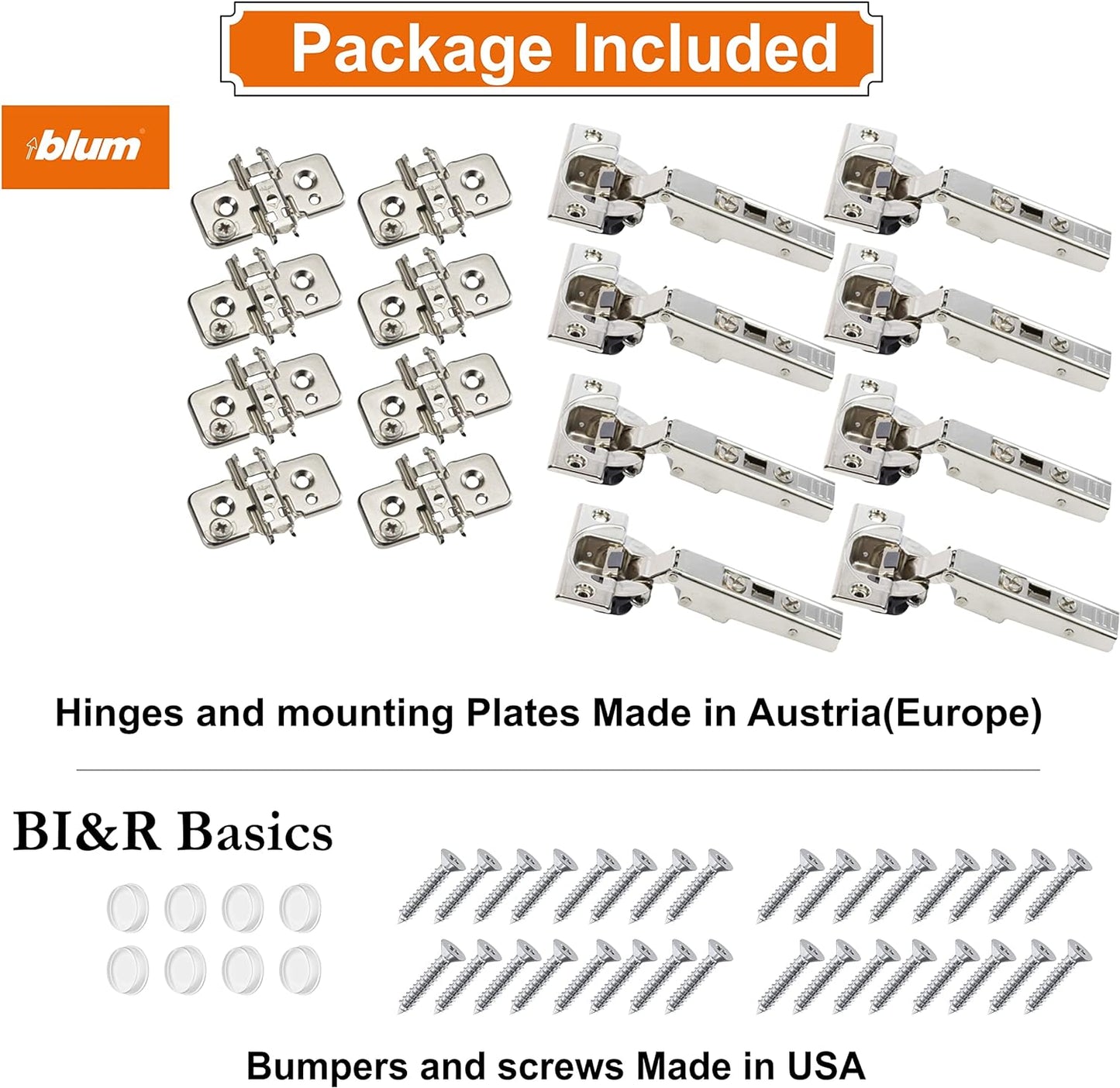 Blum 110 Degree Soft Close Hinges - Full Overlay Soft Close Frameless Application kit Pack of 8