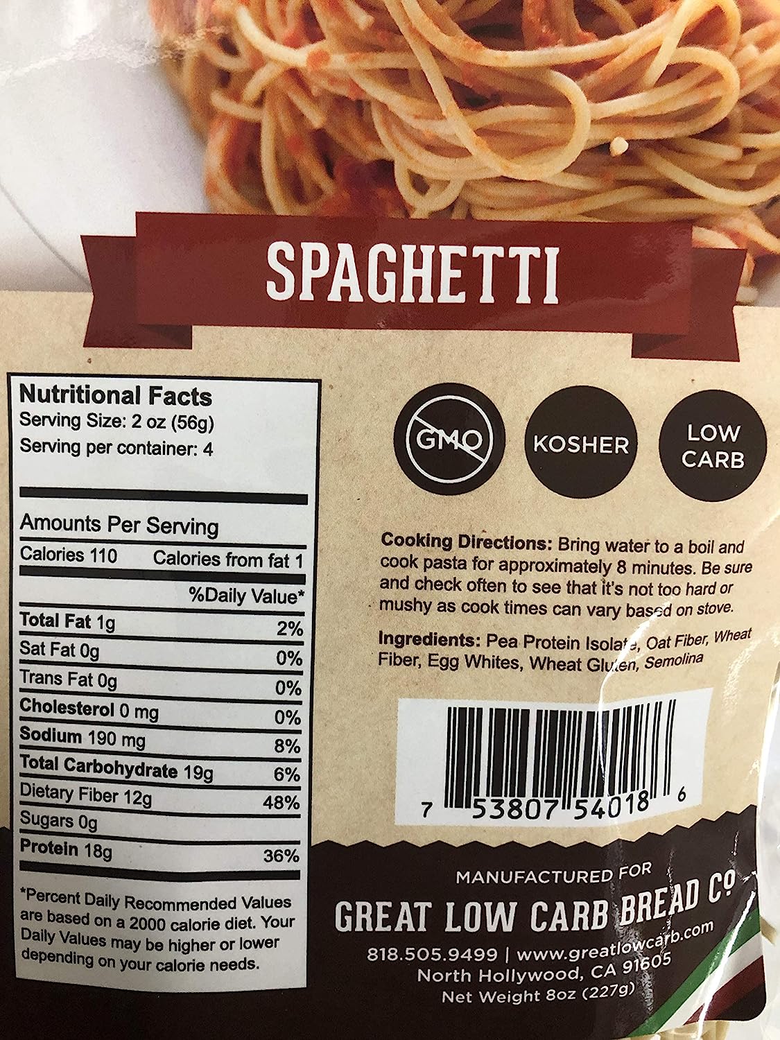 Low Carb Pasta, Keto Pasta, Great Low Carb Bread Company, Non GMO, Spaghetti Pasta 8 oz