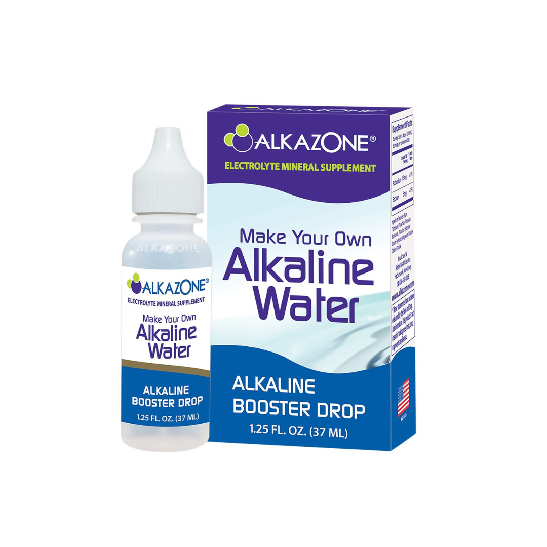 Alkazone Make Your Own Alkaline Water - Clear 1.25 fl oz bottle with pH booster drops. Experience the power of alkaline hydration on the go